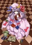  bow checkered checkered_floor crescent frills from_above h_sakray hair_bow hat long_hair open_book patchouli_knowledge purple_eyes purple_hair robe solo star touhou violet_eyes 