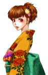  brown_hair earrings female_protagonist_(persona_3) japanese_clothes jewelry kagura_(artist) kagura_(momiji-iro) kimono persona persona_3 persona_3_portable red_eyes 