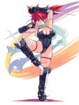  absurdres arms_up blade blue_eyes boots breasts character_request earrings gloves highres jewelry large_breasts nomura_ryouji open_mouth pointy_ears pose red_hair redhead scarf solo spiked_gloves spikes thigh-highs thighhighs twintails weapon 