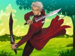   1024x768 archer dual_swords fate/stay_night male grey_eyes silver_hair solo spiky_hair sword wallpaper weapon  