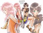    2girls bare_shoulders belt boots bracelet brown_hair dark_skin ebba closed_eyes female final_fantasy final_fantasy_xiii green_eyes long_hair miniskirt oerba_dia_vanille oerba_yun_fang pigtails pink_hair skirt switch tattoo   