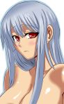  bare_shoulders blush cleavage female long_hair red_eyes selvaria_bles senjou_no_valkyria senjou_no_valkyria_1 silver_hair solo tunchan 