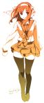  gradient hair_ribbon kage_yuu legs monochrome orange_(color) ribbon school_uniform serafuku sketch skirt smile suzumiya_haruhi suzumiya_haruhi_no_yuuutsu thigh-highs thighhighs yellow zettai_ryouiki 