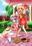  blonde_hair blue_hair blush bowed_wings bread cake cameo checkerboard_cookie cookie eating flandre_scarlet food hat highres kneeling mugen_soukyuu multiple_girls outdoors pastry red_eyes remilia_scarlet rumia rumia_(cameo) side_ponytail sweets tea teapot thigh-highs thighhighs touhou v white_legwear white_thighhighs wings 