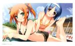  absurdres ahoge all_fours ass barefoot bikini blue_hair blush breasts cleavage collarbone green_eyes highres kaitou_tenshi_twin_angel kannazuki_aoi kantoku lying minazuki_haruka_(twin_angel) multiple_girls on_stomach purple_eyes red_hair redhead swimsuit twintails violet_eyes 