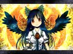  black_wings bow brown_eyes hair_bow letterboxed long_hair looking_at_viewer radiation_symbol reiuji_utsuho smile solo symbol-shaped_pupils symbol_shaped_pupils touhou umebayashi_saki wings 