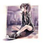  dennou_coil glasses iwai_ryo iwai_ryou shoes short_hair sitting sneakers solo twintails 