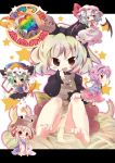  bat_wings blush_stickers bow buttons chibi child dress fang feet grey_hair hagubani hair_bow hat komeiji_satori kurodani_yamame moriya_suwako muuba open_mouth remilia_scarlet shikieiki_yamaxanadu sitting star toes touhou upskirt wings 