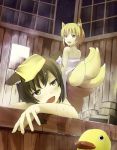  bad_id bath blonde_hair brown_hair cat_ears chen earrings fang fox_ears fox_tail foxgirl from_behind hidebo jewelry kitsune multiple_tails naked_towel night night_sky open_mouth rubber_duck short_hair sky tail touhou towel wet yakumo_ran yellow_eyes 