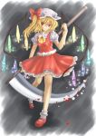  blonde_hair blood blood_on_face bobby_socks flandre_scarlet glowing hat mary_janes petticoat ponytail red_eyes scythe shoes short_hair side_ponytail socks touhou weapon wings yui_(daijun) 