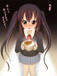  blush bowl brown_eyes curry food highres k-on! long_hair mazakura_senju nakano_azusa school_uniform solo translated translation_request twintails 