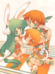  absurdres animal_ears bare_shoulders blade_(artist) blade_(lovewn) bow bunny_ears cat_ears fingerless_gloves gloves green_eyes green_hair highres lowres multiple_girls orange_eyes orange_hair pointy_ears rabbit_ears scan scan_artifacts shoes sitting sneakers tail thigh-highs thighhighs 