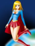 1girl alien blonde_hair blue_eyes boots cape dc_comics earth flying kryptonian long_hair long_sleeves red_cape red_shoes s_shield skirt space supergirl 