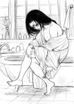  bare_shoulders bath bathroom black_hair boy crossed_legs feet hyuuga_neji legs long_hair male monochrome naruto razor robe shaving sitting solo swastika tattoo white_eyes young 