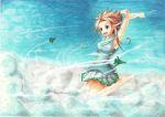  1girl airplane armpits barefoot cloud clouds giantess green_eyes jet jumping kuro_oolong sky 