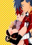  blue_hair boota breasts cleavage couple hug hug_from_behind kamina looking_up red_hair redhead scarf studded_bracelet suika_soda tengen_toppa_gurren_lagann yellow_eyes yoko_littner 