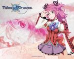  bow brown_eyes character_name cheria_barnes grey_eyes logo long_sleeves namco official_art red_hair redhead skirt solo tales_of_(series) tales_of_graces title_drop two_side_up wallpaper zoom_layer 