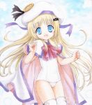  blonde_hair blue_eyes cape chii_(artist) fang little_busters!! long_hair noumi_kudryavka one-piece_swimsuit school_swimsuit swimsuit thigh-highs thighhighs traditional_media white_school_swimsuit 