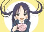  black_hair brown_eyes cup floating_hair itesu k-on! long_hair mug nakano_azusa open_mouth school_uniform smile solo teacup twintails 