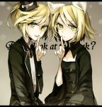  1girl ayatoki-1 bad_id black_dress blonde_hair brother_and_sister dress green_eyes hair_ornament hair_ribbon hairclip hat kagamine_len kagamine_rin looking_at_viewer mini_top_hat ribbon short_hair siblings smile top_hat twins vocaloid 