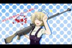  alternate_hairstyle anti-tank_rifle bad_id blush bust fang kirisame_marisa no_hat no_headwear open_mouth polka_dot polka_dot_background ptrs-41 smile solo tomon_(slash0410) touhou wink yellow_eyes 