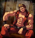  abs ao_no_kiseki belt blonde_hair brown_background brown_eyes brown_hair choker eiyuu_densetsu falcom frown hand_on_knee highres male masurao_bc multicolored_hair muscle pants sitting solo two-tone_hair vest wald_valles 