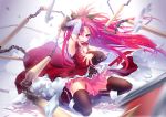  action arm_up armpits bangs bare_shoulders black_legwear blurry boots bow chain chains depth_of_field detached_sleeves frills hair_bow holding long_hair long_skirt looking_at_viewer magical_girl mahou_shoujo_madoka_magica nilitsu open_mouth parted_bangs polearm ponytail red_eyes red_hair redhead sakura_kyouko shards skirt soul_gem spear squatting thigh-highs thighhighs weapon wind zettai_ryouiki 