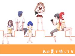  4girls ano_natsu_de_matteru bad_id barefoot blue_hair blush bow brown_hair crossed_arms glasses highres ishigaki_tetsurou kirishima_kaito kitahara_mio long_hair multiple_boys multiple_girls necktie niko_(toaru06) no_legwear red_hair redhead rinon rinon_(ano_natsu_de_matteru) school_uniform short_hair sitting skirt smile takatsuki_ichika tanigawa_kanna twintails very_long_hair yamano_remon 