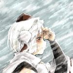  animal_ears brown_eyes detached_sleeves elbow_gloves face gloves hat inubashiri_momiji profile shading_eyes short_hair solo tokin_hat touhou weather white_hair white_legwear wind wolf_ears yudepii 