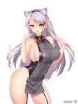  1girl :p absurdres adapted_costume animal_ear_fluff animal_ears azur_lane bare_shoulders breasts buttons cat_ears double-breasted dress eyebrows_visible_through_hair garter_straps grey_dress highres large_breasts long_hair looking_at_viewer mole mole_on_breast paw_pose prinz_eugen_(azur_lane) redhead sideboob signature silver_hair simple_background sleeveless sleeveless_dress solo taut_clothes taut_dress thighs tongue tongue_out white_background whitter yellow_eyes 