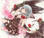  alternate_costume bare_shoulders bat_wings blue_hair dress flower frilled_dress frills gathers graphite_(medium) hakoremi marker_(medium) red_eyes red_rose remilia_scarlet ribbon_choker rose shawl short_hair silver_hair slit_pupils solo touhou traditional_media wings 