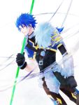  armor bad_id blue_hair dutch_angle earrings fate/prototype fate_(series) fur_trim gloves jewelry jjpop lancer_(fate/prototype) long_hair male polearm ponytail red_eyes solo spear weapon 
