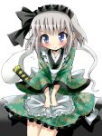  alternate_costume apron blue_eyes blush dress enmaided floral_print ghost gibuchoko green_dress hair_ribbon highres japanese_clothes katana kimono konpaku_youmu konpaku_youmu_(ghost) maid maid_headdress ribbon short_hair silver_hair solo sword tears touhou v_arms weapon 