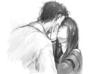  hand_on_another&#039;s_cheek hand_on_another&#039;s_face hand_on_another's_cheek hand_on_another's_face incipient_kiss jacket labcoat long_hair lowres makise_kurisu miya_(hooooo) monochrome necktie okabe_rintarou short_hair steins;gate tears 