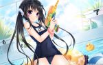  7gear black_hair blush character_name goggles goggles_on_head hatachi highres holding hotchkiss innertube long_hair pool purple_eyes rubber_duck school_swimsuit smile solo sumiyoshi_nana swimsuit swimsuit translated twintails wallpaper water water_gun wet 