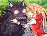 bandage bandages big_bad_wolf_(grimm) blonde_hair blush closed_eyes eyes_closed grimm&#039;s_fairy_tales grimm's_fairy_tales hug little_red_riding_hood little_red_riding_hood_(grim) long_hair neko_(artist) smile wolf 