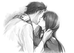  1girl closed_eyes couple eyes_closed facial_hair hand_on_another&#039;s_neck hand_on_another's_neck hug jacket labcoat long_hair lowres makise_kurisu miya_(hooooo) monochrome okabe_rintarou short_hair steins;gate stubble 