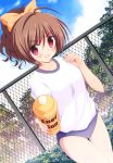  azure_(capriccio) blush bottle bow brown_hair buruma chain-link_fence chainlink_fence cloud dutch_angle fence gym_uniform hair_bow holding looking_at_viewer offering open_mouth original pink_eyes sky solo tree 