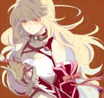  bare_shoulders blonde_hair brown_background choker detached_sleeves gloves gradient_hair holding long_hair lowres midriff milla_maxwell multicolored_hair red_eyes rouki_isago sheath sheathed simple_background solo sword tales_of_(series) tales_of_xillia tubetop weapon 