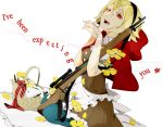  al_(arupaka) apron arisaka basket big_bad_wolf_(grimm) blonde_hair blue_legwear bolt_action brown_dress capelet colored_eyelashes dress dutch_angle english fangs flower frills grimm&#039;s_fairy_tales grimm's_fairy_tales gun hairband hands_clasped hood little_red_riding_hood little_red_riding_hood_(grimm) looking_at_viewer mosin-nagant open_mouth pantyhose red_eyes ribbon shadow short_dress simple_background sitting solo text waist_apron weapon white_background 
