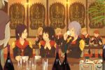  black_hair class cup drinking eight_(fft-0) final_fantasy final_fantasy_type-0 glass glasses hair_ornament hairclip hands_together index_finger_raised jack_(fft-0) military military_uniform nine_(fft-0) queen_(fft-0) raised_finger seven_(fft-0) teacup trey_(fft-0) ugonba uniform wine 