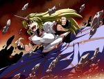 blonde_hair bouncing_breasts breasts broken_ground claws clenched_hand fangs fist glowing glowing_eye highres horn hoshiguma_yuugi large_breasts long_hair long_skirt open_mouth red_eyes shirt skirt solo star touhou tsuki_wani