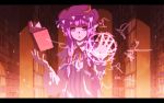 anime_coloring arm_up book bookshelf crescent dress hair_ribbon hat kurione_(zassou) letterboxed library long_hair magic_circle open_mouth outstretched_hand patchouli_knowledge purple_dress purple_eyes purple_hair ribbon solo sparks striped striped_dress touhou violet_eyes voile 