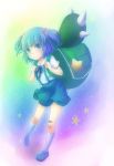  backpack bag bakemonogatari bandage bandages blue_eyes blue_hair blush cosplay hachikuji_mayoi hachikuji_mayoi_(cosplay) hair_bobbles hair_ornament highres kawashiro_nitori kneehighs looking_at_viewer monogatari_(series) no_hat no_headwear randoseru school_uniform short_hair skirt smile solo star touhou twintails white_legwear zinczinc_ka 