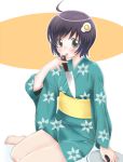  ahoge araragi_tsukihi barefoot japanese_clothes kimono knife maka_(hyougenbu) monogatari_(series) nisemonogatari short_hair sitting toes 