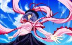  bad_hands blue_sky capelet cloud hat hat_ribbon highres nagae_iku nekominase outstretched_arms purple_hair red_eyes ribbon shawl shirt short_hair skirt sky smile solo touhou 