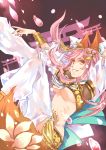  1girl alternate_costume animal_ears breasts caster_(fate/extra) fate/extra fate_(series) fox_ears fox_tail jewelry long_hair payot petals pink_hair puyue solo tail tiara twintails under_boob yellow_eyes 