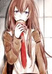  against_wall arisaka_ako bangs blue_eyes blush brown_hair bust eating food hamburger holding jacket long_hair long_sleeves looking_at_viewer makise_kurisu necktie open_mouth pocket shirt solo steins;gate wall 