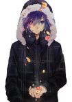  blue_eyes blue_hair coat expressionless flower fur_trim heterochromia holding hood koide_natsuno looking_at_viewer male minmin_nemui petals red_eyes shiki short_hair simple_background solo white_background zipper 