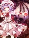  apple bad_id bat_wings blue_hair bow dress finger_to_mouth food frills fruit hat hat_ribbon jaku_sono licking_lips lights outstretched_hand pink_dress red_eyes remilia_scarlet ribbon sash short_hair slit_pupils smile solo touhou wings wrist_cuffs wrist_ribbon 